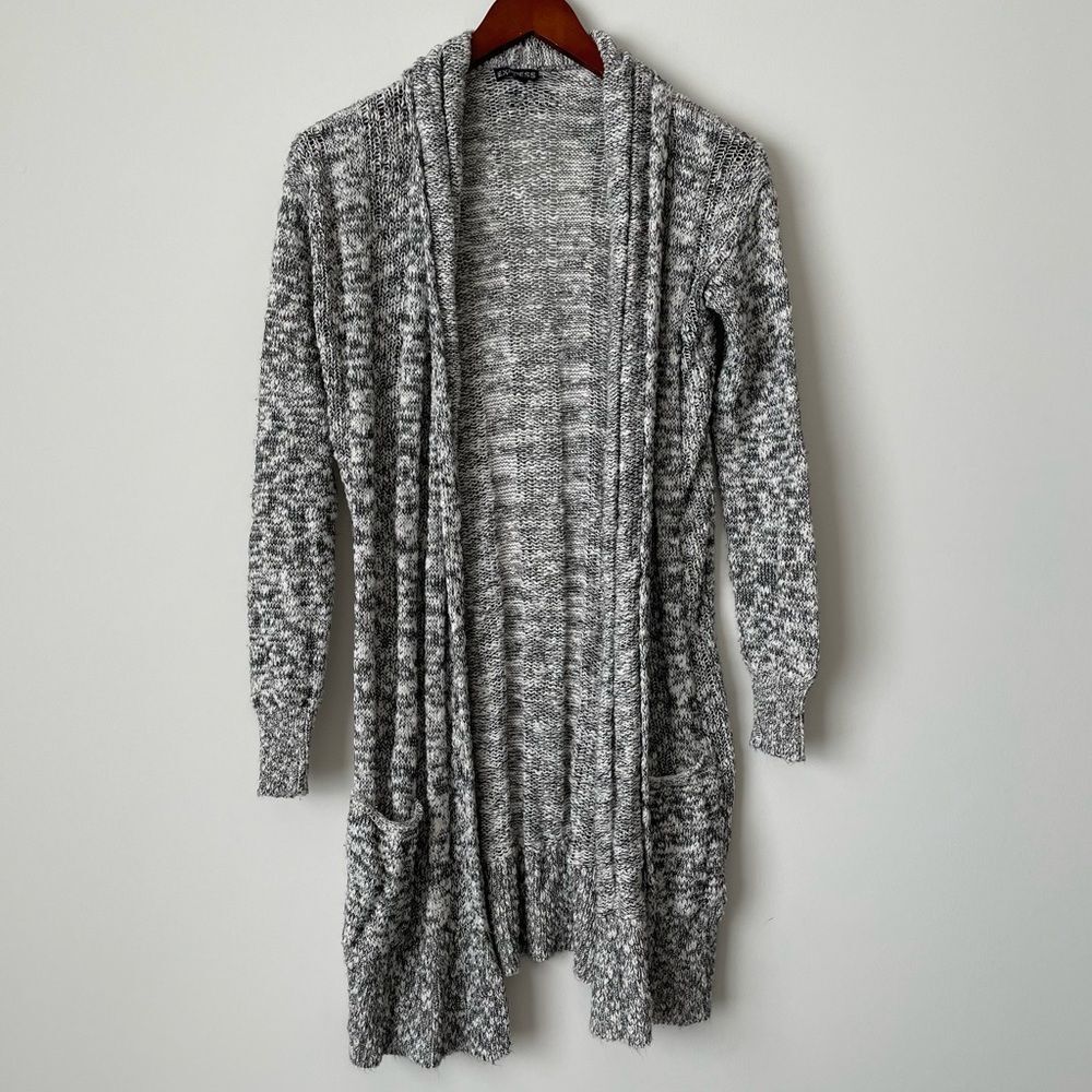 Express Knit Open Stitch Shawl Collar Cardigan Gray/ White S